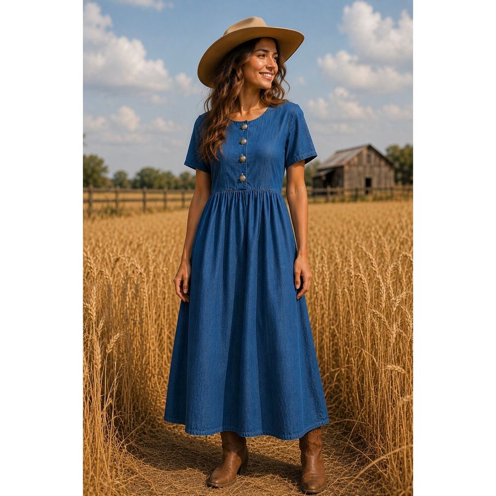 Double D Ranch Denim Maxi Dress XS Boho Western Prairie Cowgirl Rodeo